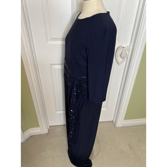 R&M RICHARDS Maxi Dress Gown Navy Blue Stretch Knit Ruffle Sequins Sz 14 Evening - Picture 6 of 12